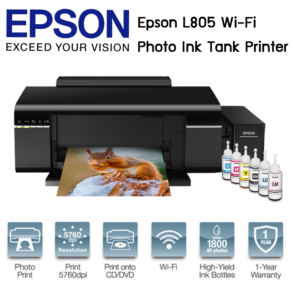 Epson L805 เครื่องพิมพ์อิงค์เจ็ท สำหรับ ปริ้นรูปภาพ/แผ่นซีดี พร้อมหมึก