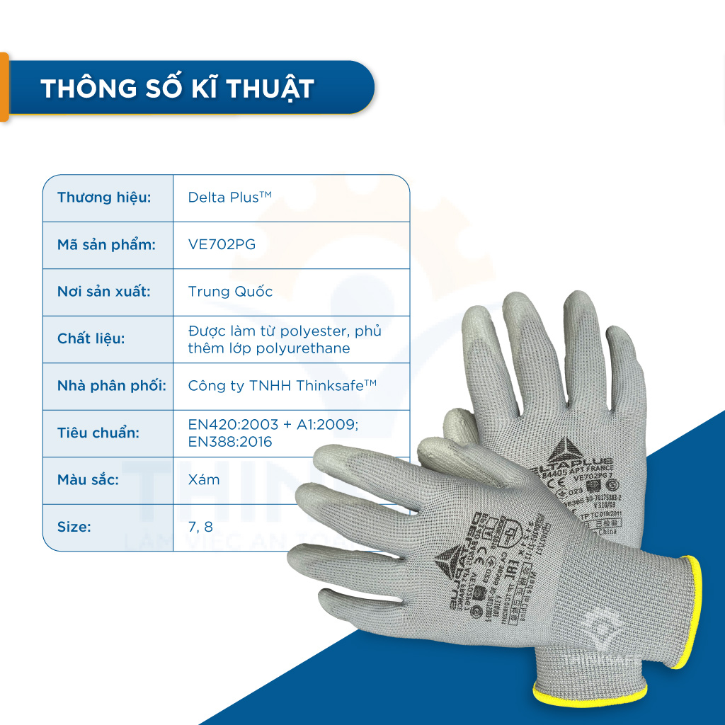 Găng tay lao động Deltaplus VE702PG phủ PU chống cắt chống dầu Bao tay lao động ôm tay thao tác chính xác -Thinksafe