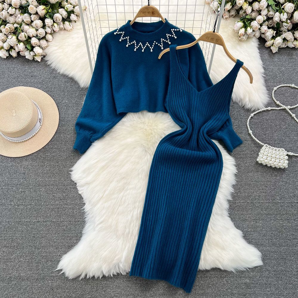 Fashion Korean Style Casual Set Women Autumn Winter Long Sleeved Diamond Standing Neck Open Umbilical Knitted Sweater V-neck Tank Top Dress Two Piece Outfits