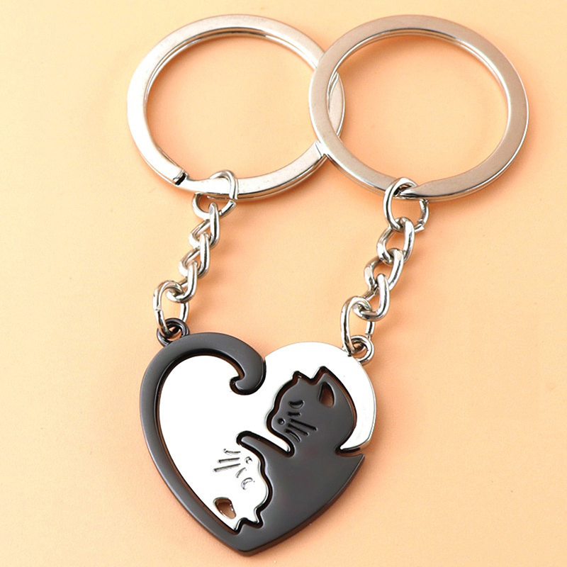 1Pair Cute Black Cat Keychain Patchwork Heart Round Couple Lovers ...