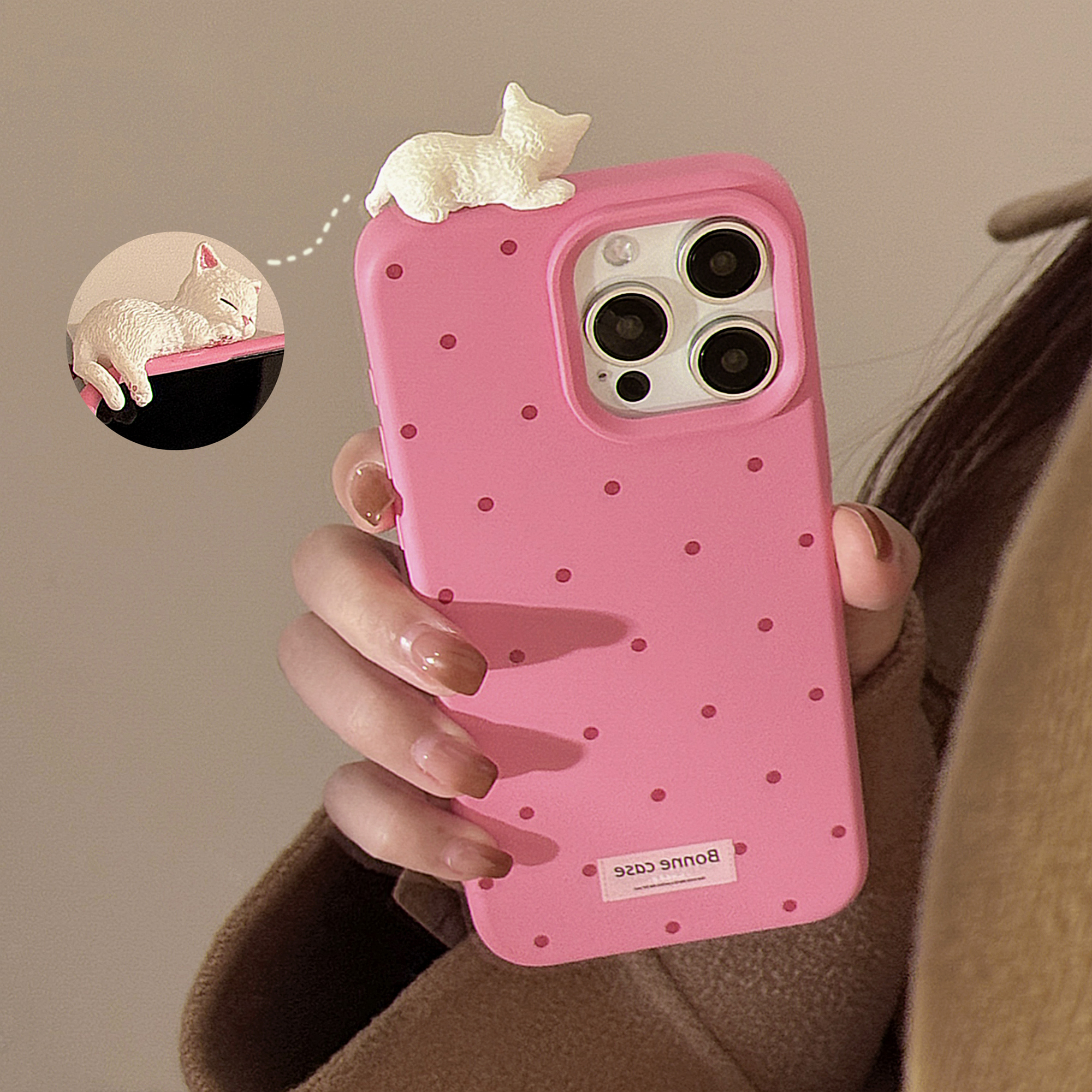 Sroof Case For iPhone 12 13 14 15 16 Pro Max New glutinous rice cute polka dots three-dimensional plopping cat Phone Case Back Cover. 