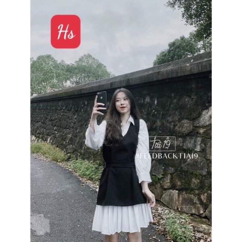 Sét váy 2 món, áo gile đen mix váy trắng style Hàn