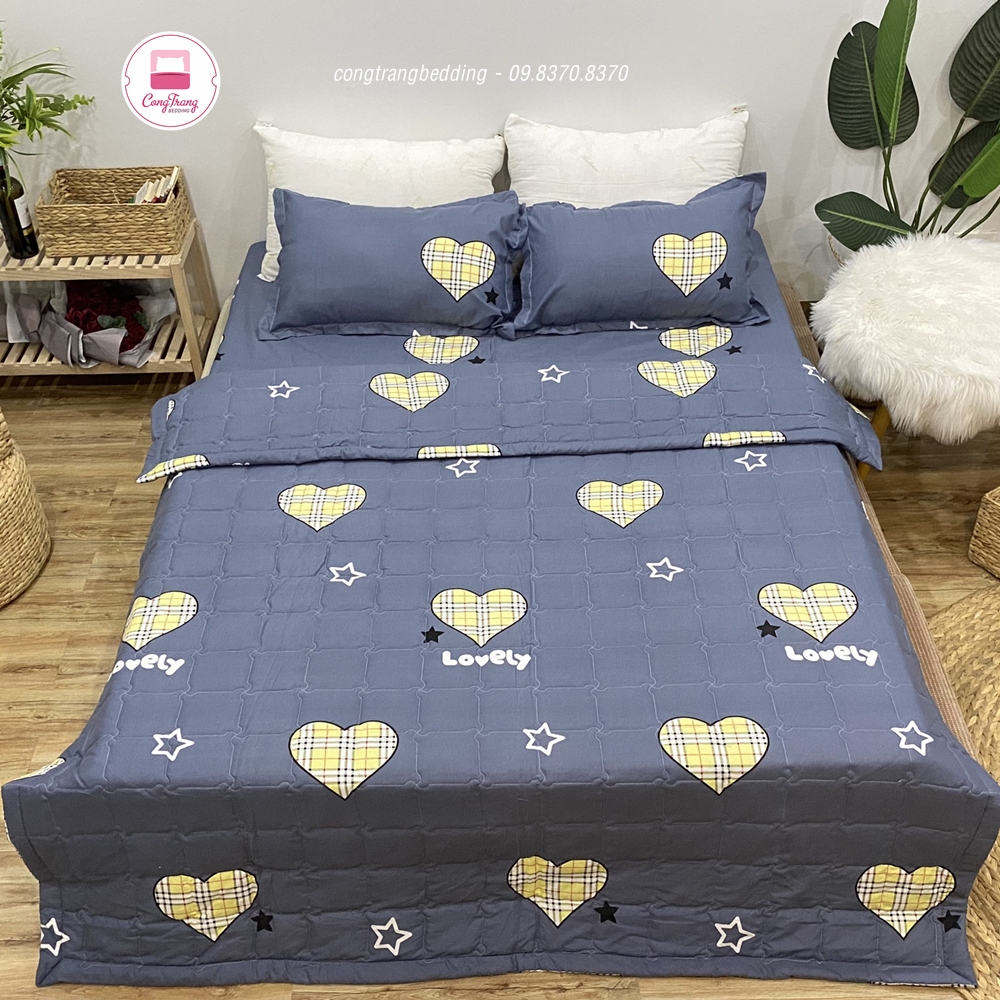 Trọn Bộ 5 Món Mền Chần Gòn - Ga - Gối - Gối ôm Tim Kẻ Ghi 1m8x2m và 1m6x2m