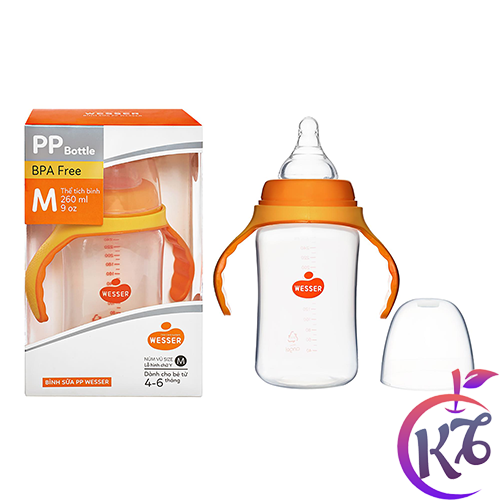 Bình sữa Wesser cổ rộng 260ml có tay cầm nhựa PP cao cấp phiên bản mới không chứa BPA an toàn cho bé - binh sua co rong cho be