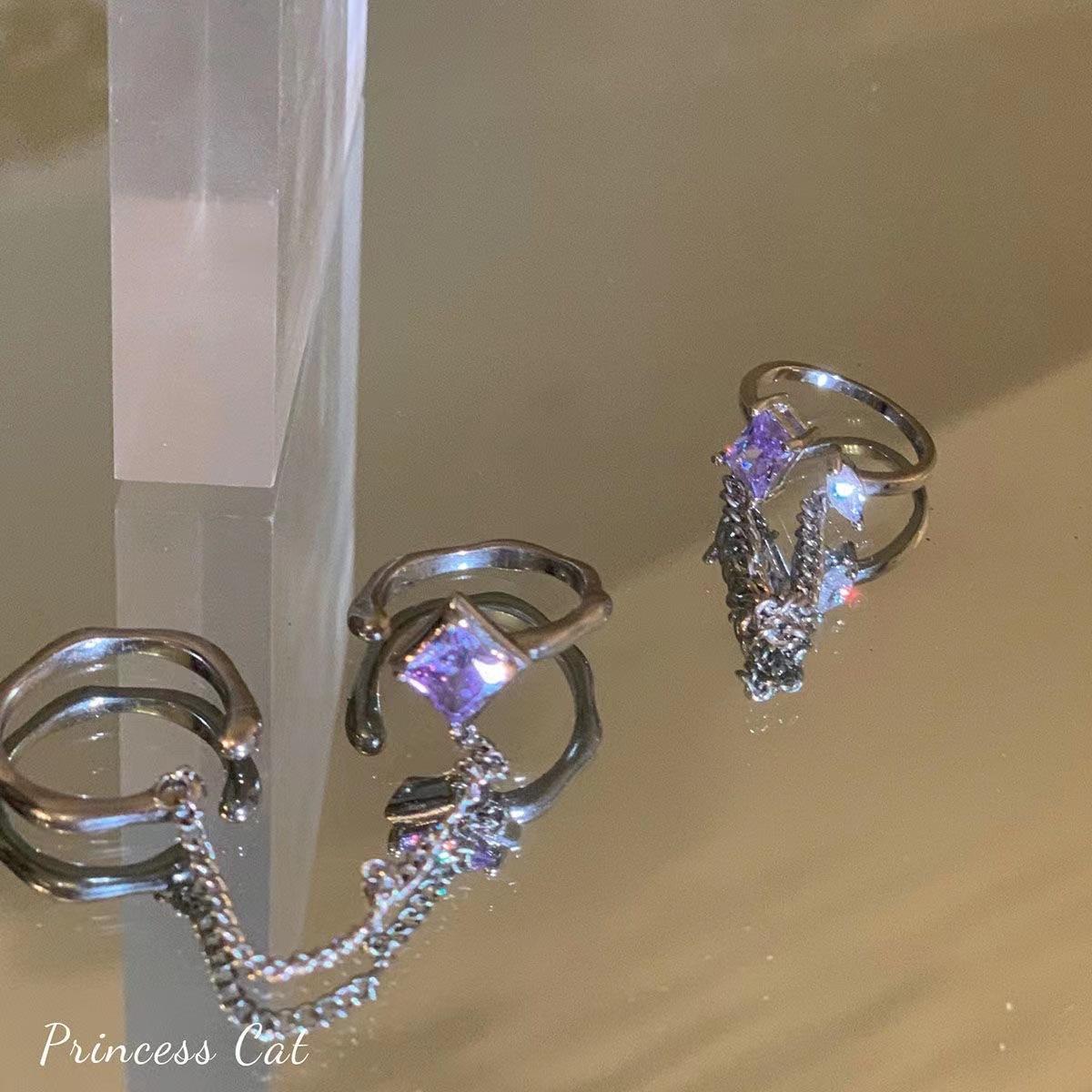 WHC Jewelry Zircon Purple Chain Set Open Ring For Women