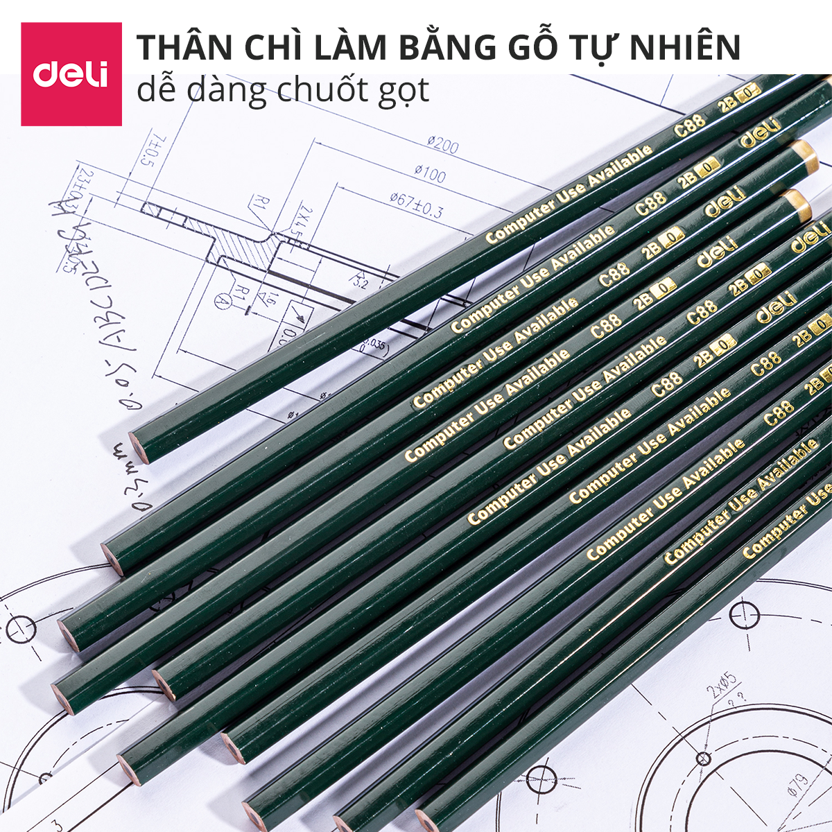 Combo 5 Chiếc Bút Chì Gỗ DELI 2B Nét Đậm - EC88-2B
