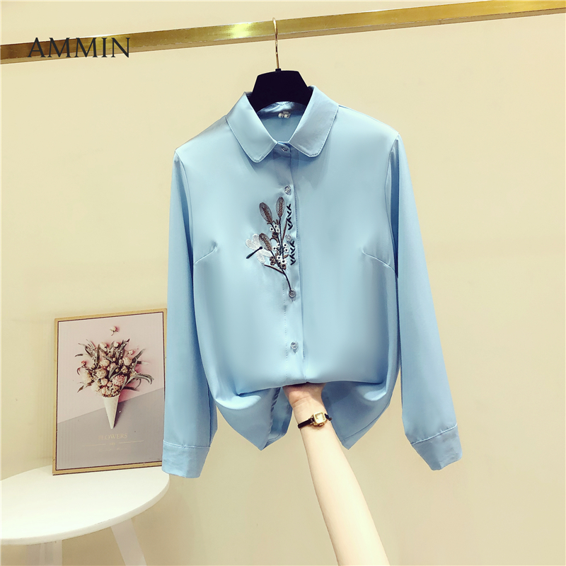AMMIN 2022 spring and autumn new haze blue lapel long-sleeved heavy silk shirt women's long-sleeved flower embroidered mulberry silk elegant blouse female ins tops