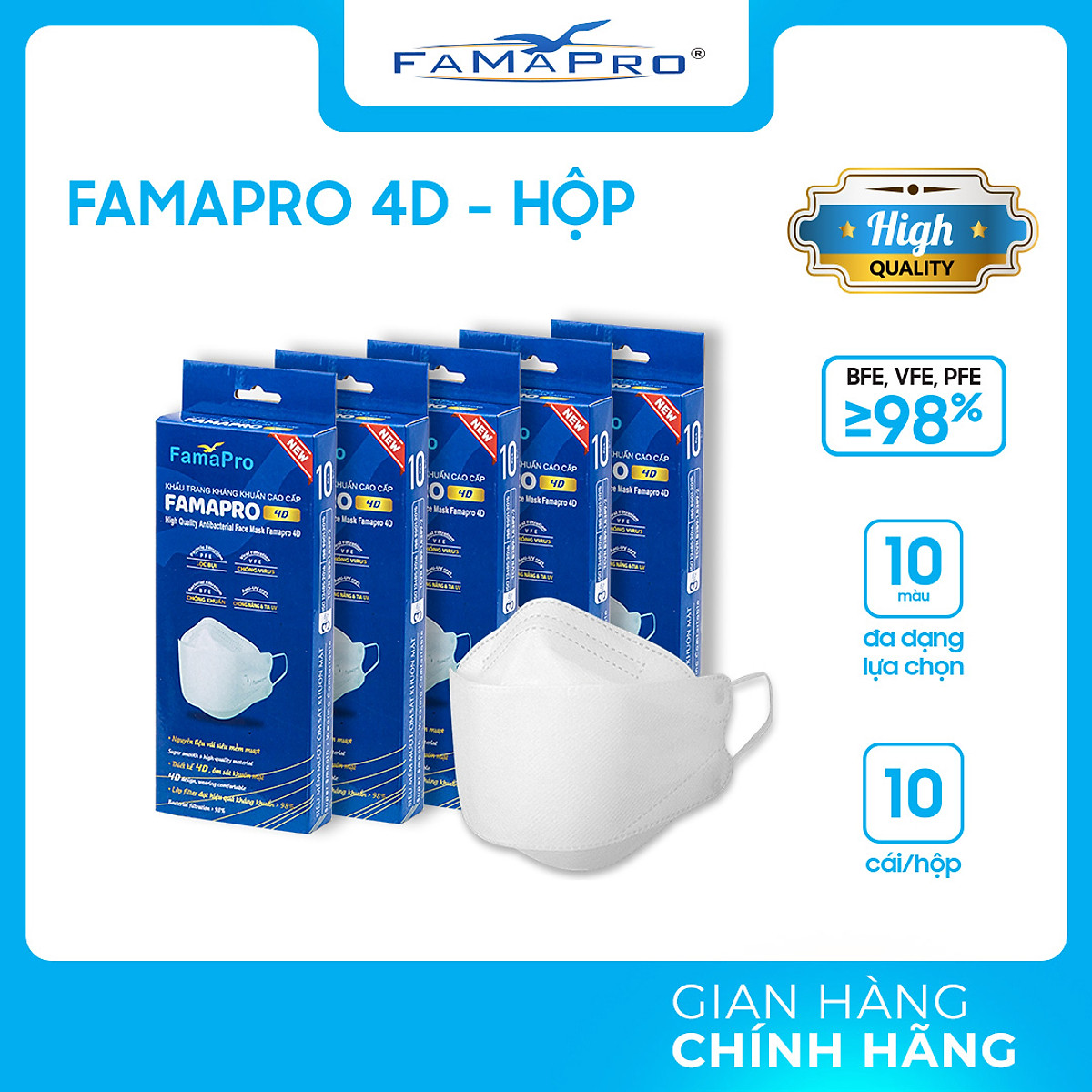 [COMBO 10 HỘP - FAMAPRO D&J 4D] - Khẩu trang y tế kháng khuẩn cao cấp Famapro 4D tiêu chuẩn KF94 (10 cái/ hộp)
