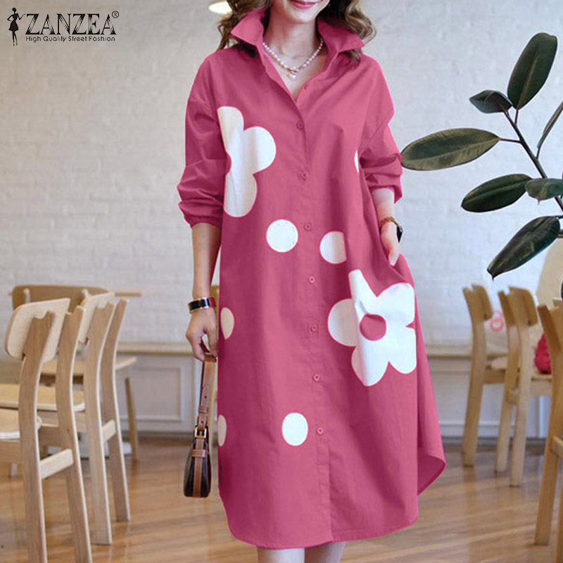ZANZEA%20Korean%20Style%20Women's%20Dress%20New%20Fashion%20Lantern%20Sleeve%20A-Line%20Shirtdress%20Floral%20Printed%20Midi%20Dresses%20-%20Image%202