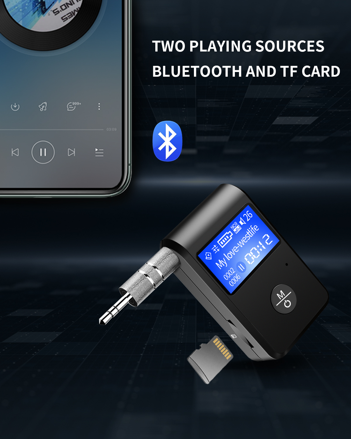 Bộ chuyển đổi Bluetooth CRIACR, bộ thu âm thanh không dây AUX Bluetooth 5.0 hỗ trợ thẻ TF phát liên kết màn hình trực quan im lặng kép