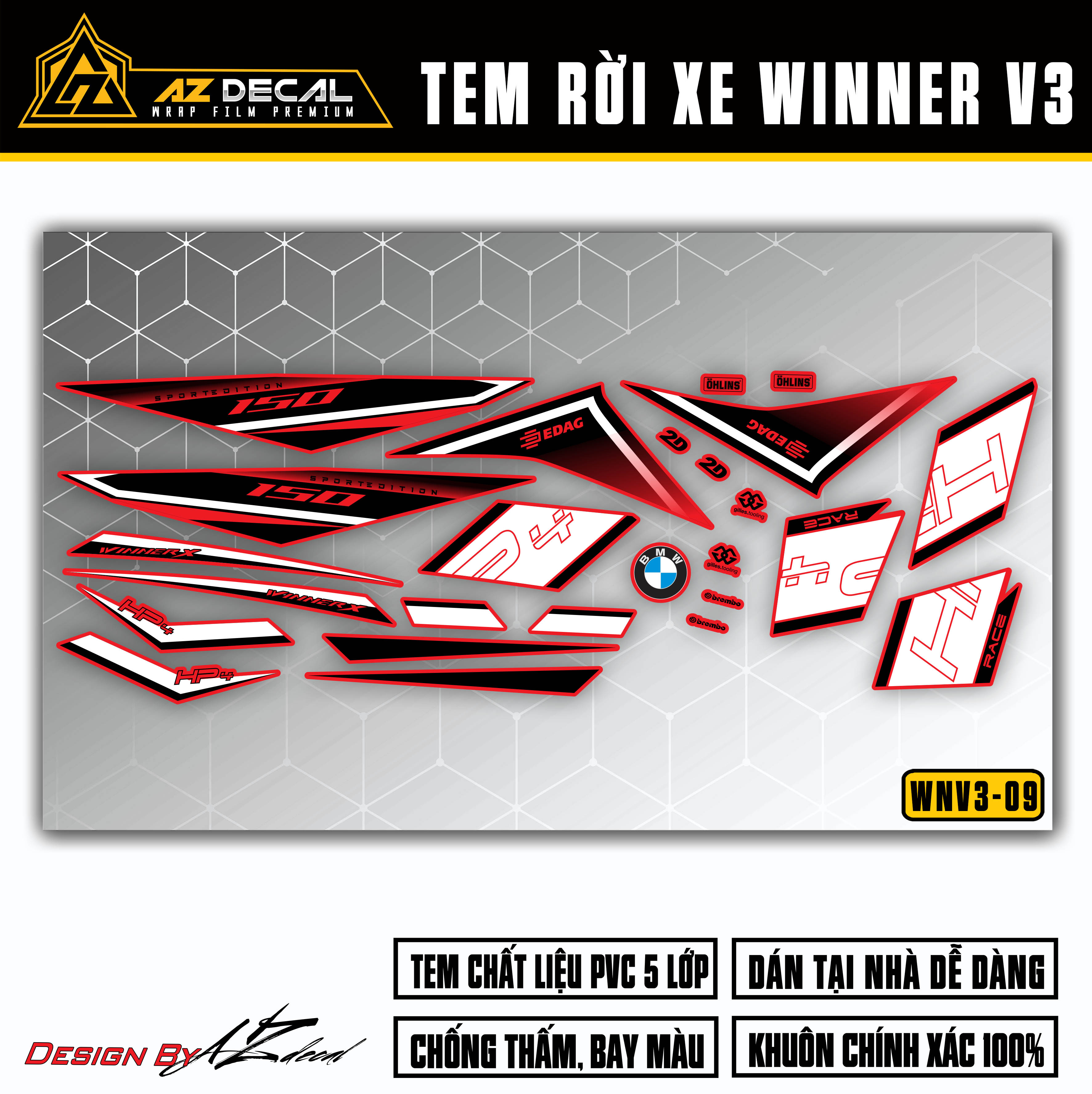 Tem xe winner v3 mẫu hp4 | wnv3-09 | decal rời dán winner x 2022 cao cấp bền màu, cắt khuôn sẵn dễ dán - azdecal