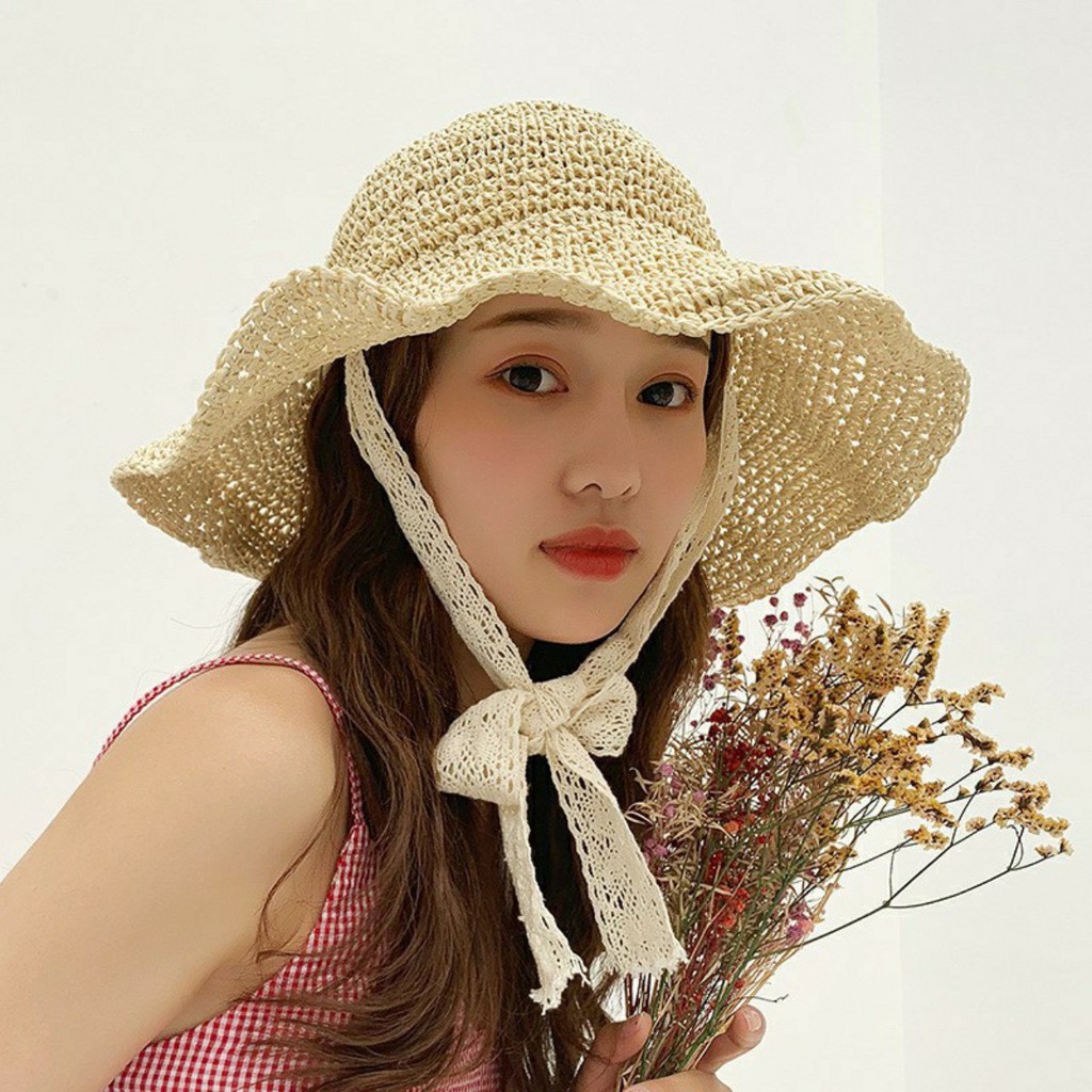 Mũ cói mềm dây ren buộc cổ phong cách tiểu thư