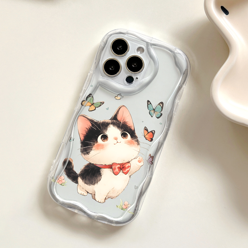 Jizetin for Samsung A10 Back Cover Kitten Playing Butterfly Cream Wavy Edge Soft Silicone Phone Case.