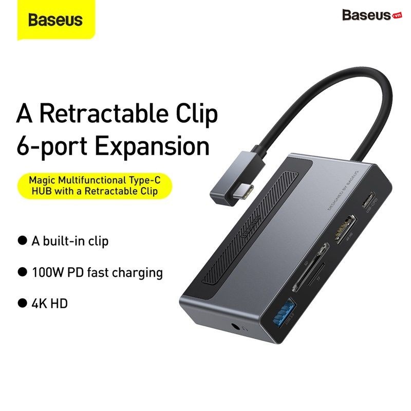 Hub chuyển đổi 6in1 Baseus Magic Multifunctional Type-C with a Retractable Clip Standard Edition (USB 3.0, SD/TF 3.0, HDMI 4K60Hz, 3.5mm, 100W)