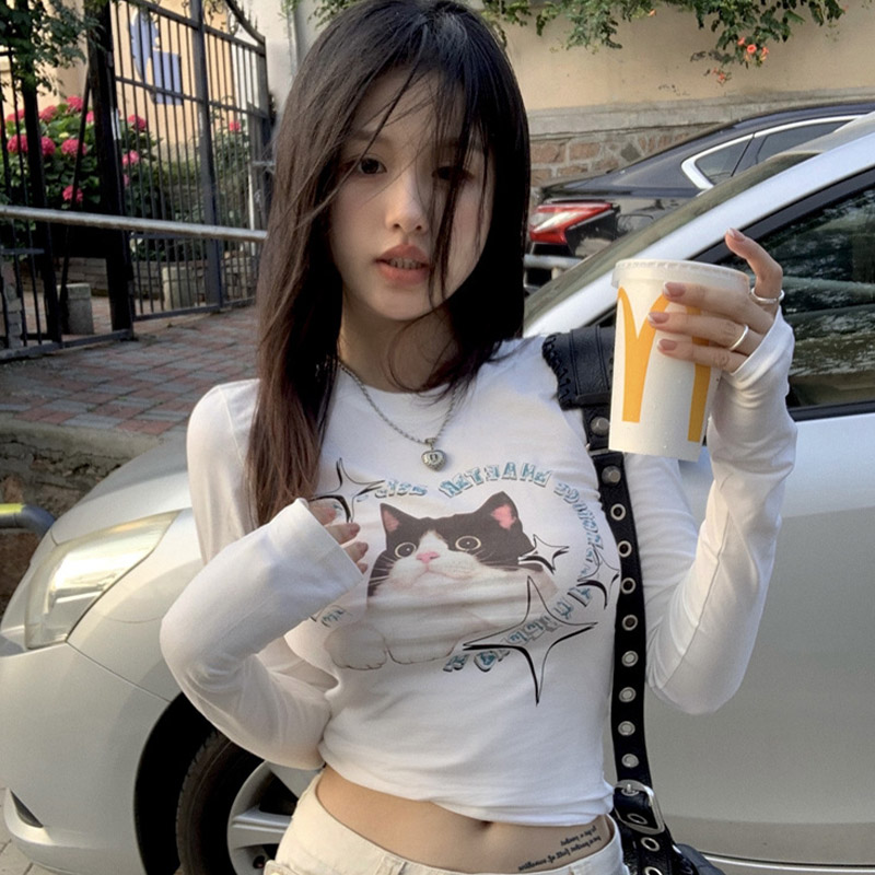 HengShanYuan 薄款印花长袖猫咪T恤女2022年夏季新款白色