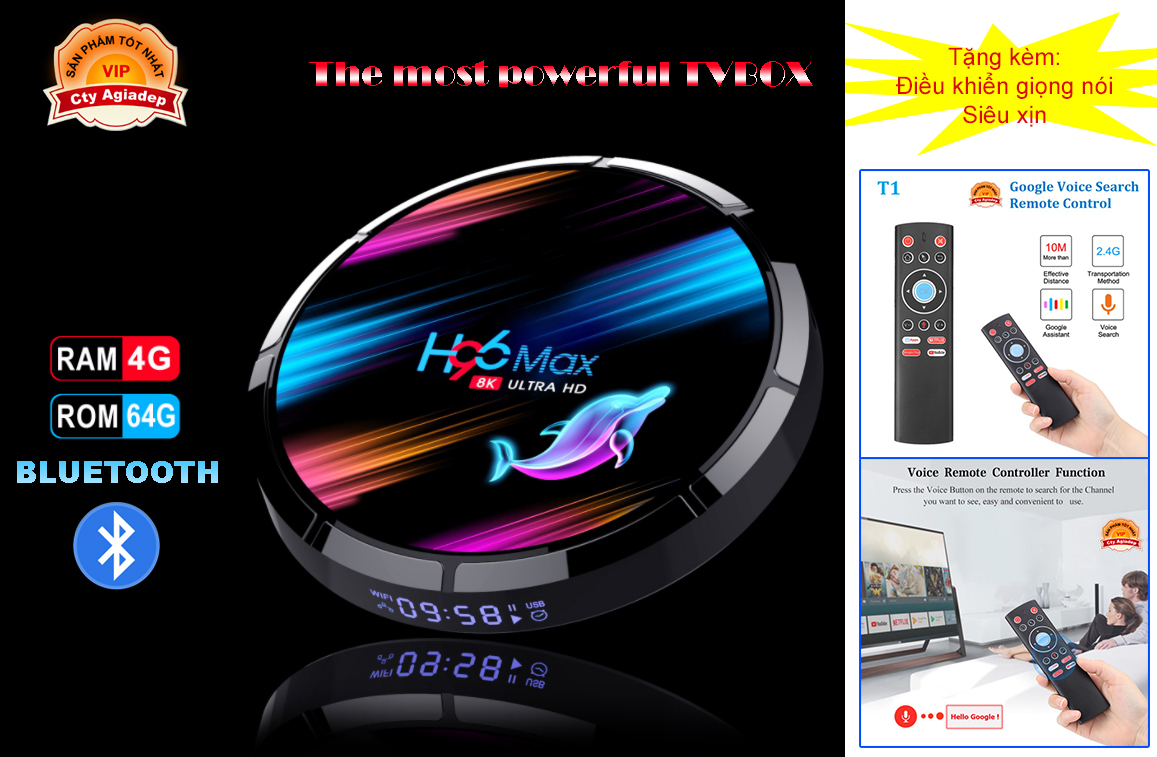 Tvbox H96max tròn 4G 8K + Điều khiển giọng nói Siêu xịn