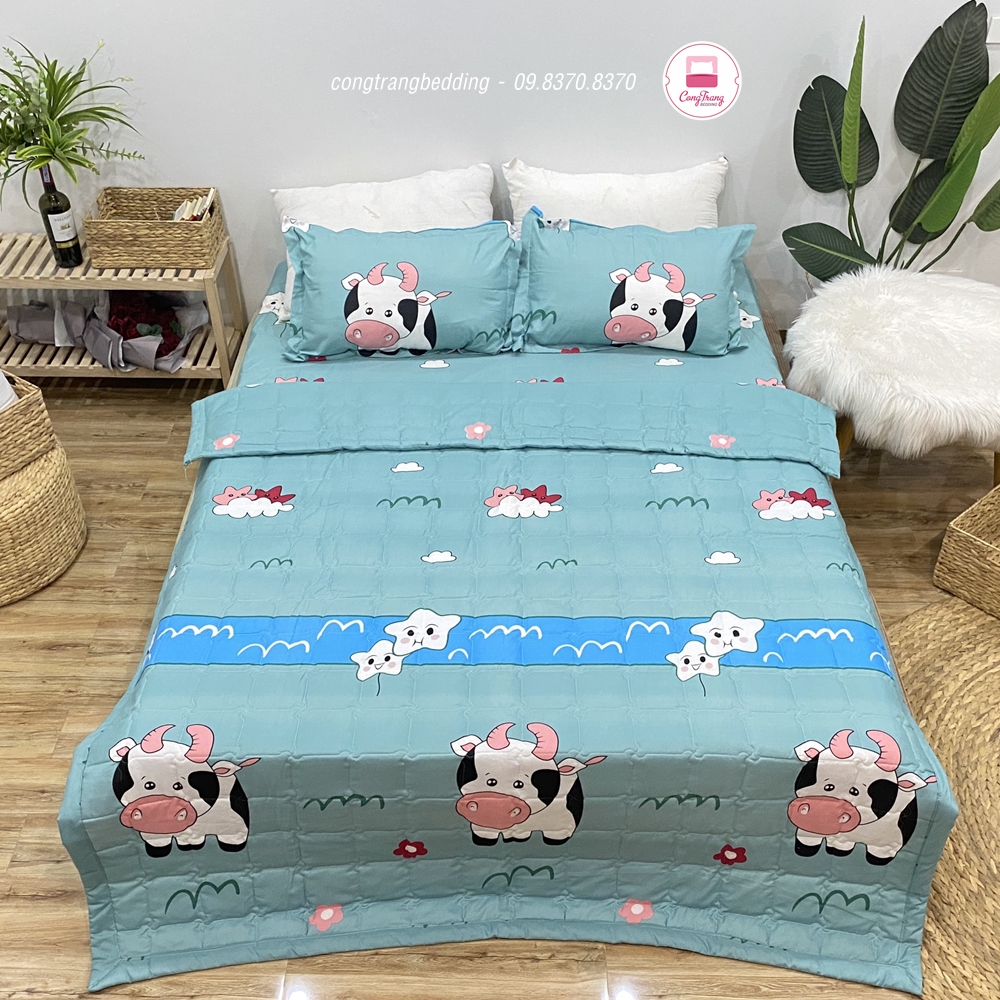 Trọn bộ 5 món mền chần gòn - ga - gối - gối ôm bò sữa xanh 1m8x2m và 1m6x2m
