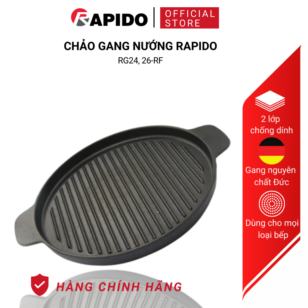 Chảo gang nướng chống dính Rapido size 24, 26 dùng bếp gas, hồng ngoại, từ, than