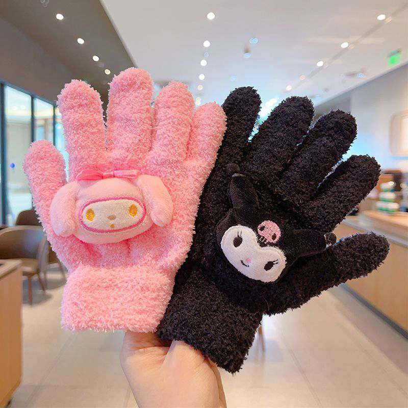 1Pair Kawaii Cute Kuromi Melody Cinnamoroll Kt Cat Gloves Cartoon Five Finger Gloves Fashion Autumn Winter Warm Student Gloves Bayline.