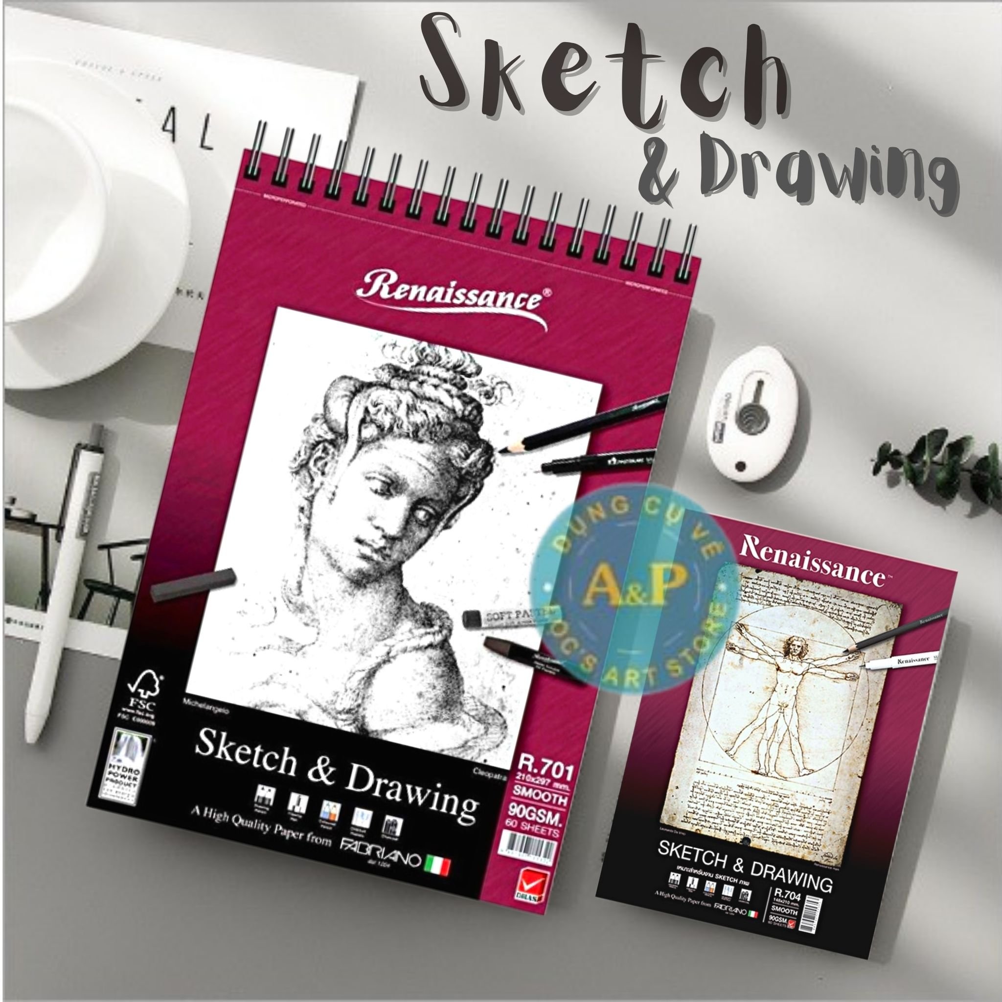 Sổ vẽ Sketch & Drawing Renaissance vân Smooth 90gsm 60 tờ