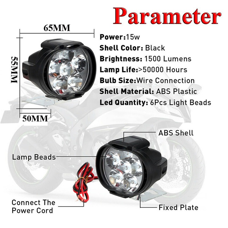 2Pcs 6 LED Motorcycle Headlight Highlights Waterproof Spotlight Auxiliary Spotlight Scooter Working Light with Switch Button