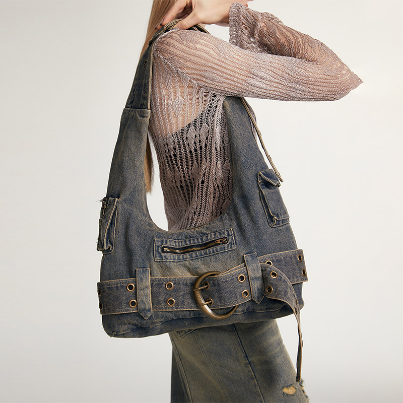 ELACCENT Women's shoulder bag new style washed denim high-quality texture large capacity retro crossbody bag