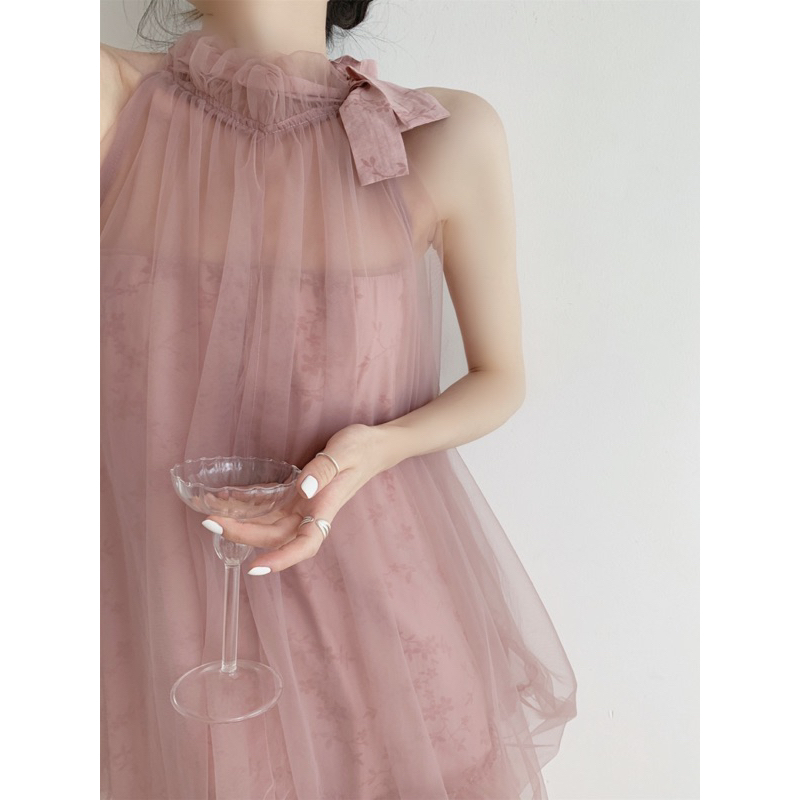 Đầm xòe cổ phong bản màu hồng Romance