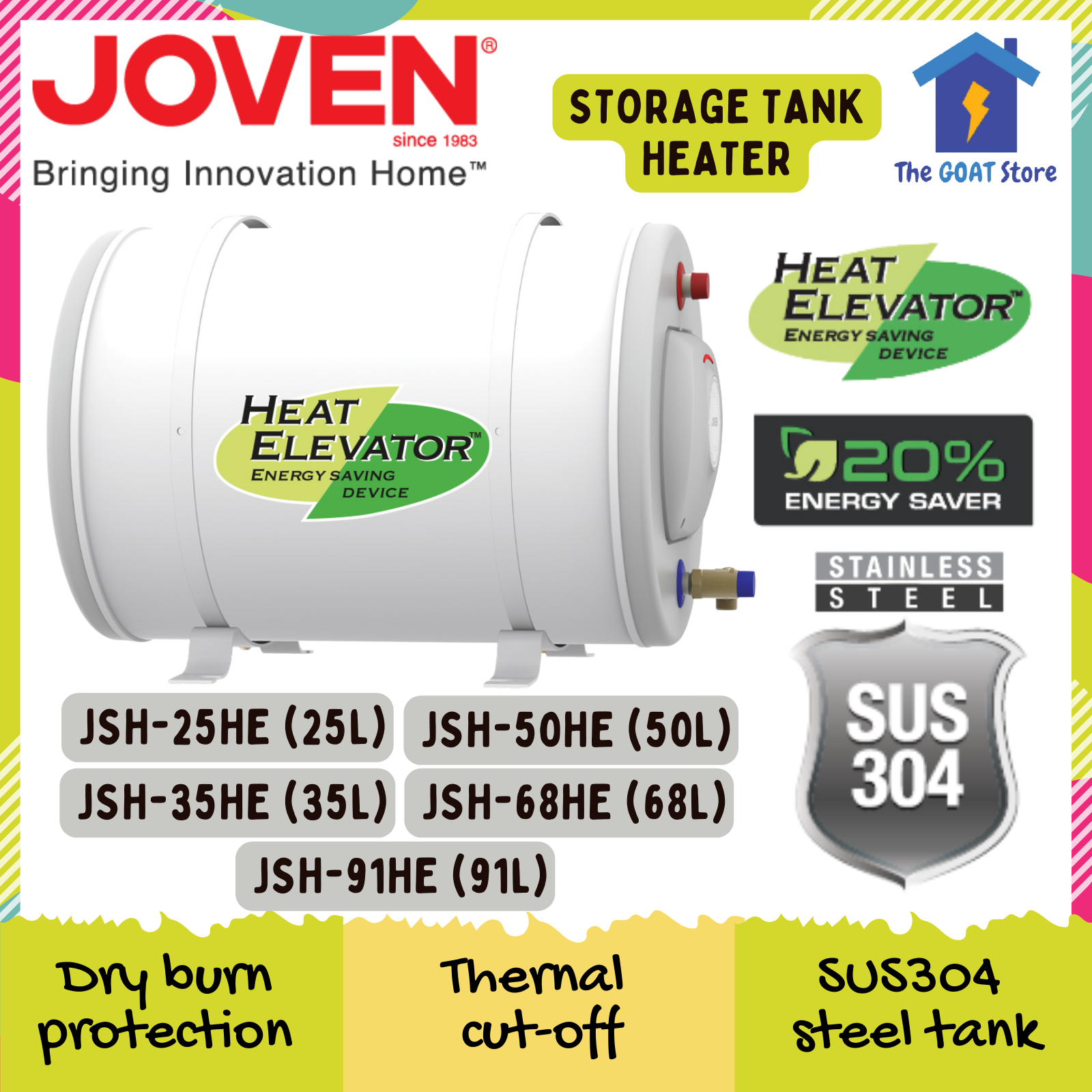 Joven Storage Tank HEAT ELEVATOR Water Heater JSH25-HE JSH35-HE JSH50-HE  JH68-H JSH91-HE | Lazada