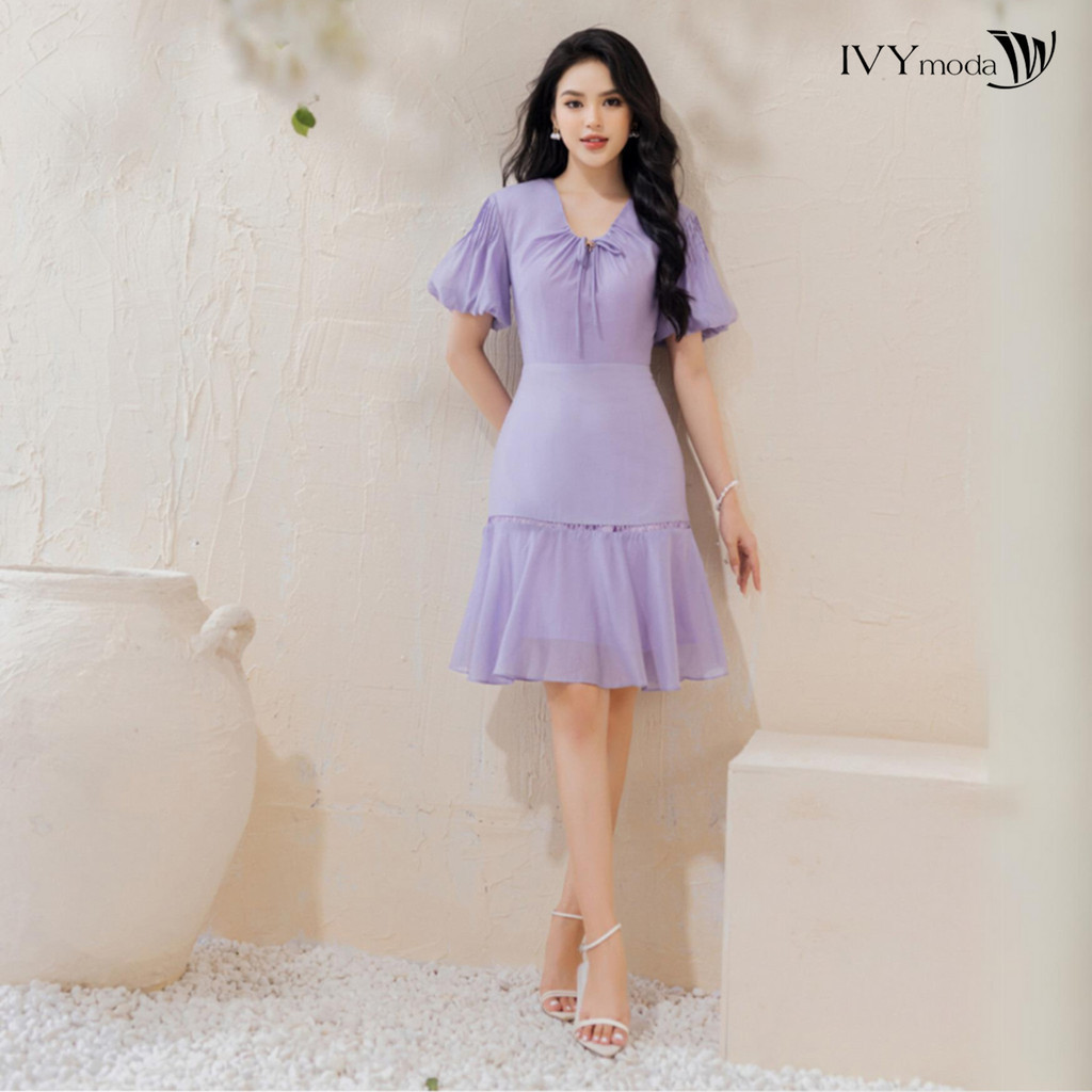 Đầm lụa đuôi cá phối nơ IVY moda MS 48M8280