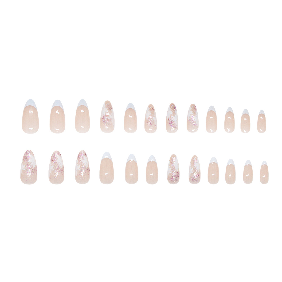24pcs white color flower long pointed  False Nails With Glue Sticker Elegant Art Wearable Beautiful Press On Artificial Nails For Girl Women. 