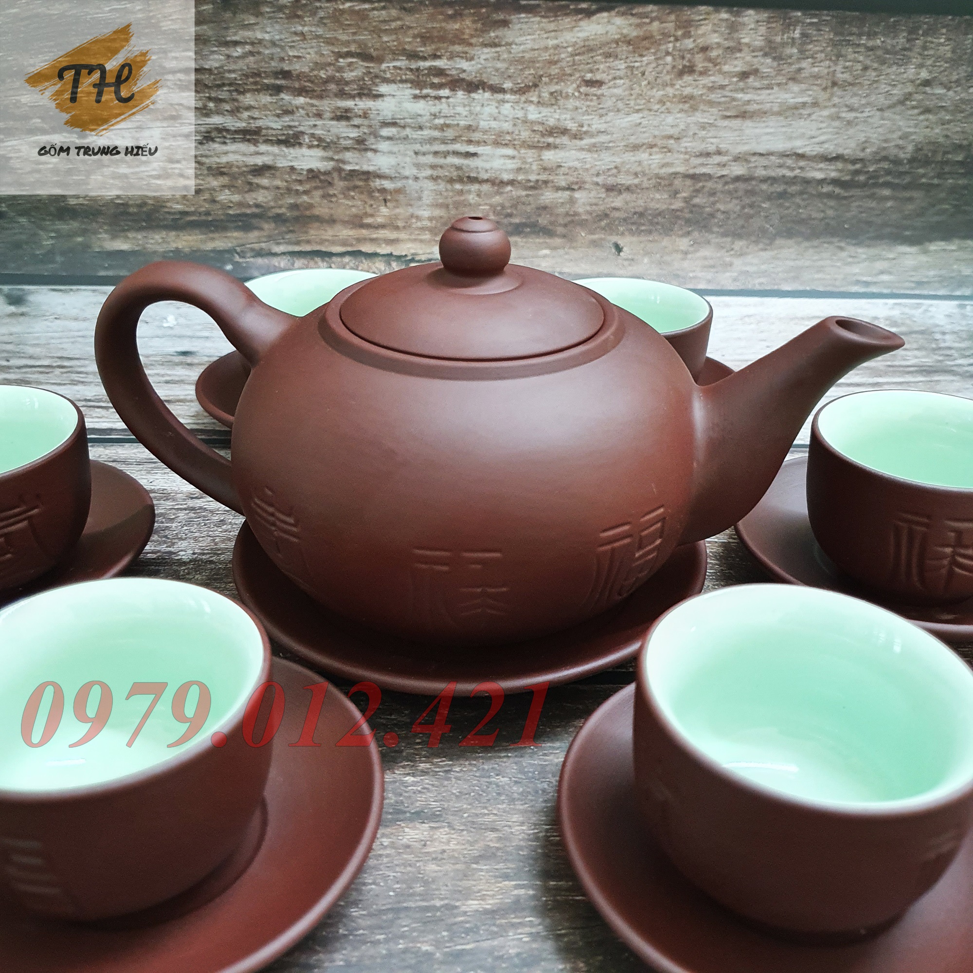 Bộ ấm chén tử sa bát tràng Phúc Lộc Thọ dung tích 400ml
