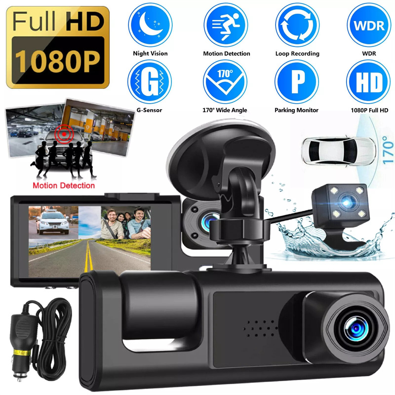 3 Channel Car DVR HD 1080P 3-Lens Inside Vehicle Dash CamThree Way Camera DVRs Recorder Video Registrator Dashcam Camcorder.