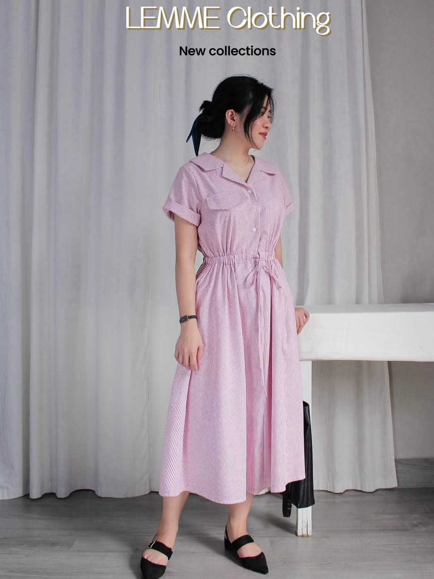 Đầm sơ mi dáng dài cổ Danton tay ngắn sọc đỏ