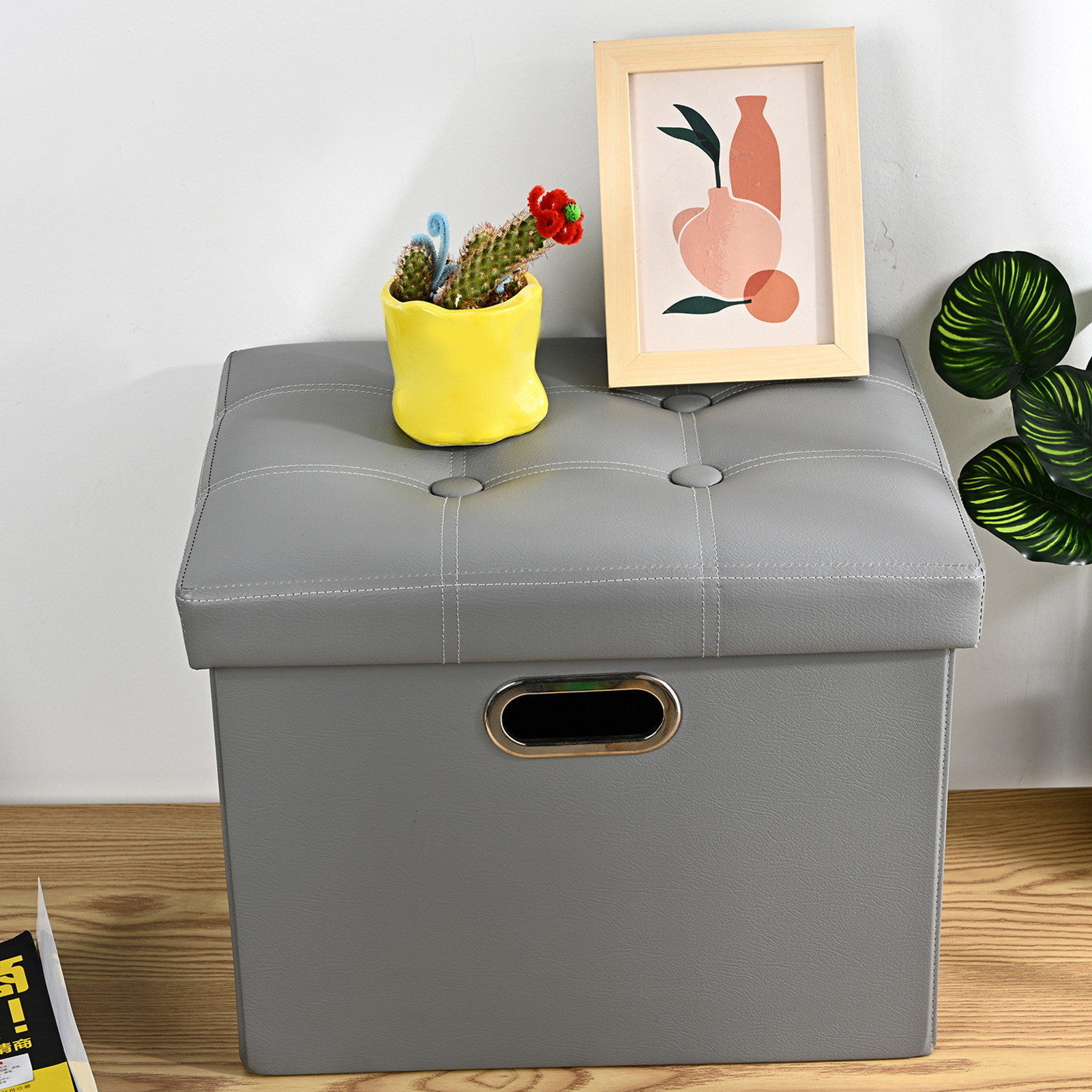 Storage Stool with Handle Foldable Strong Load Bearing Faux Leather Versatile Storage Ottomans Cube Seat