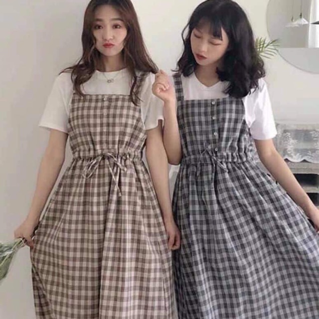 [ SIÊU HOT + PHONG CÁCH ] Sét Yếm váy kẻ ( kèm áo ) thắt eo siêu xinh.