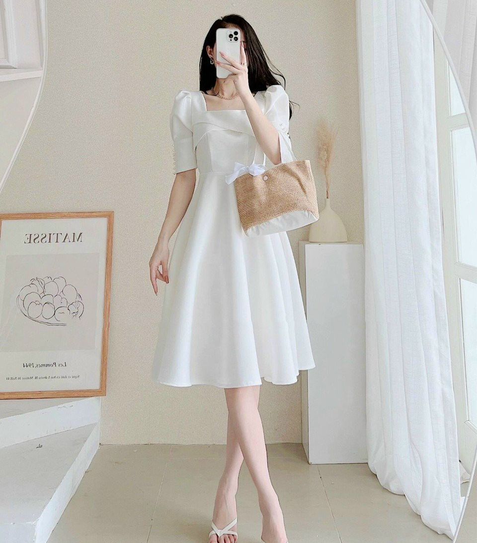 ĐẦM DỰ TIỆC TRẮNG CỔ VUÔNG DÁNG XOÈ TIỂU THƯ (CÓ ẢNH THẬT)