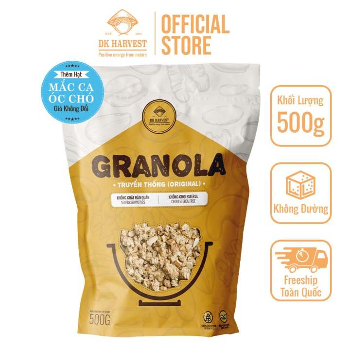 [FREE SHIP] 500g Ngũ Cốc Ăn Sáng Granola DK Harvest - Không Đường - Vị Truyền Thống - Túi 500g - 7 loại hạt