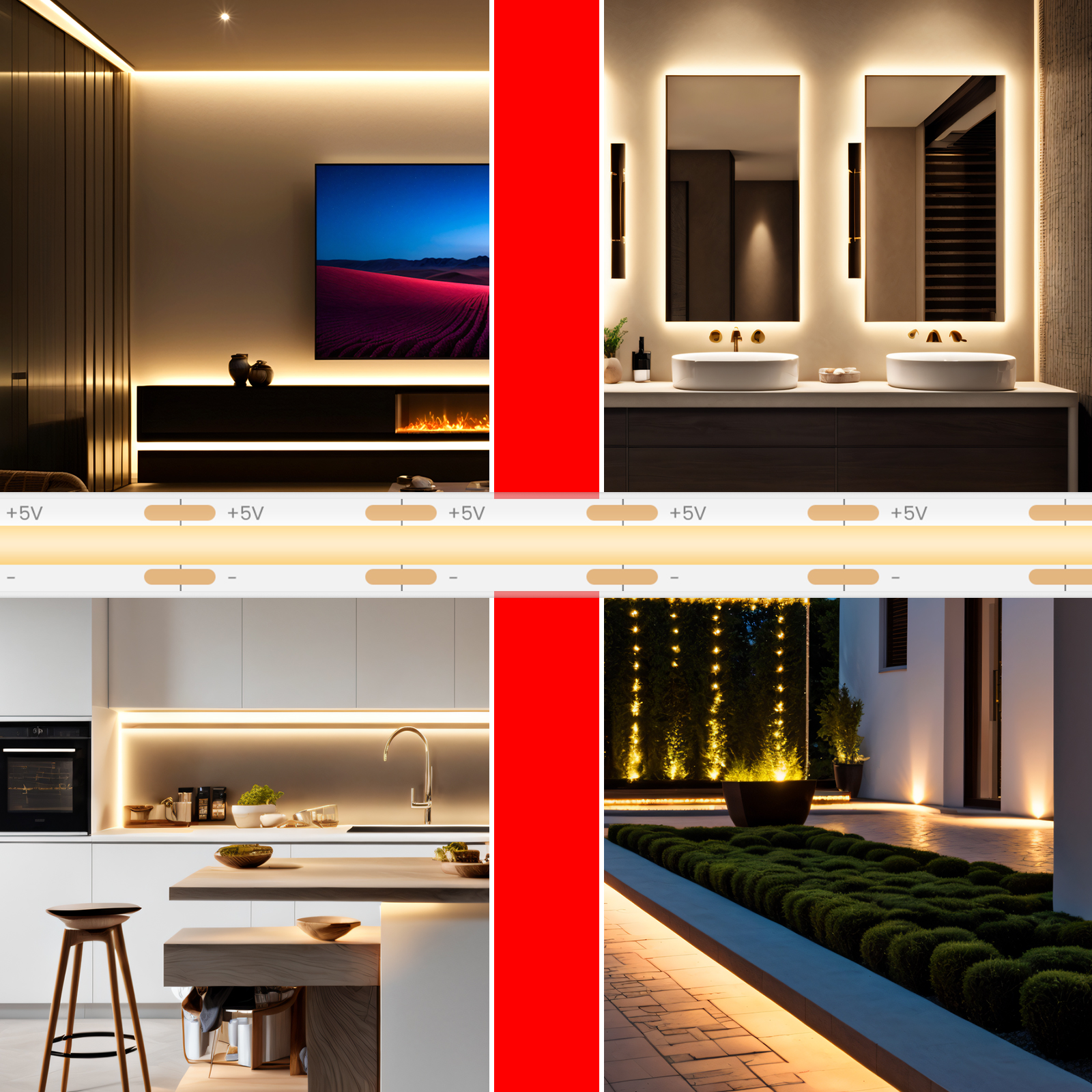 IP68 Waterproof COB LED Strip 5V Powered Flexible Ribbon Adhesive Tape ...