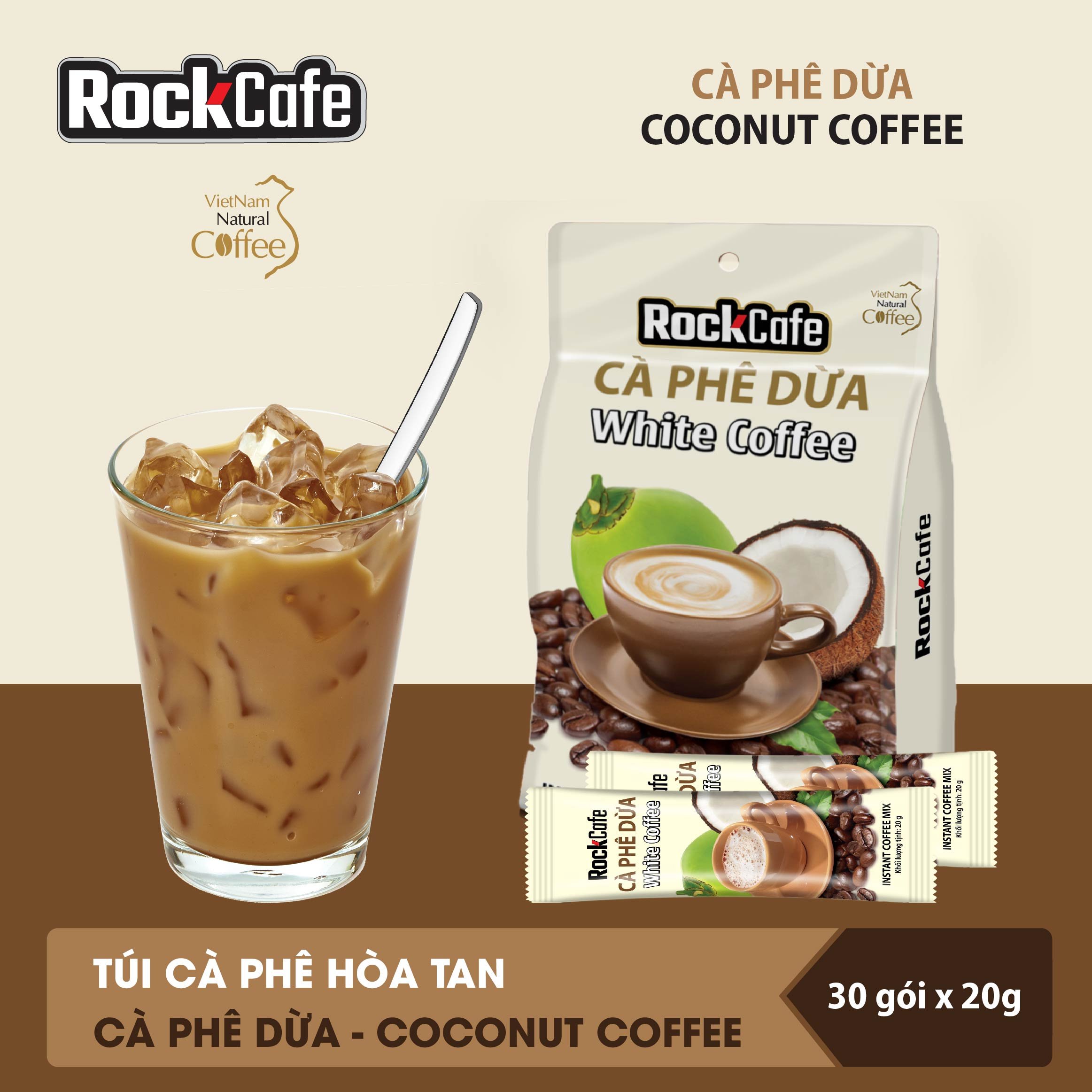 RockCafe - Cà phê hòa tan 3 trong 1 - Vị Dừa độc đáo - Thơm ngon - Tinh khiết - Chuẩn vị cafe Việt - Túi 30 gói x 20gr