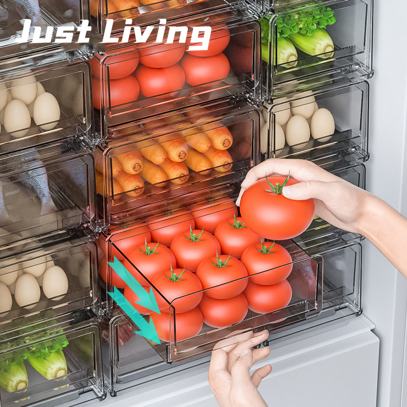 JustLiving Hộp Sắp Xếp Tủ Lạnh Ngăn Kéo Có Thể Xếp Chồng Hộp Đựng Thực Phẩm Trong Tủ Lạnh Thú Cưng Hộp Đựng Tủ Đông Giữ Tươi Tủ Lạnh Hộp Đựng Thực Phẩm Nhà Bếp