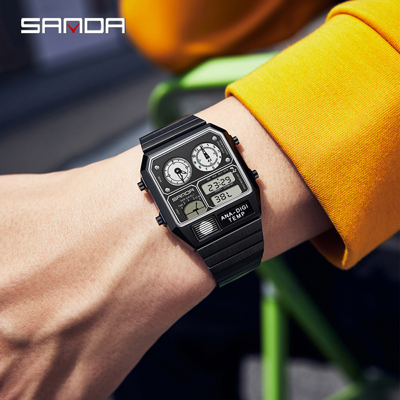 Sanda Retro Trendy Punk Dual Display Luminous Waterproof Electronic Quartz Men's Watch SD3192-3.