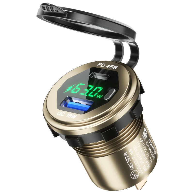 Metal 63W QC3.0 USB+Type C USB C PD Fast Car Charger with Voltage/Power Display