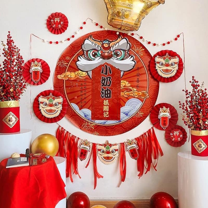 Set 6 quạt giấy đỏ đầu lân treo tết