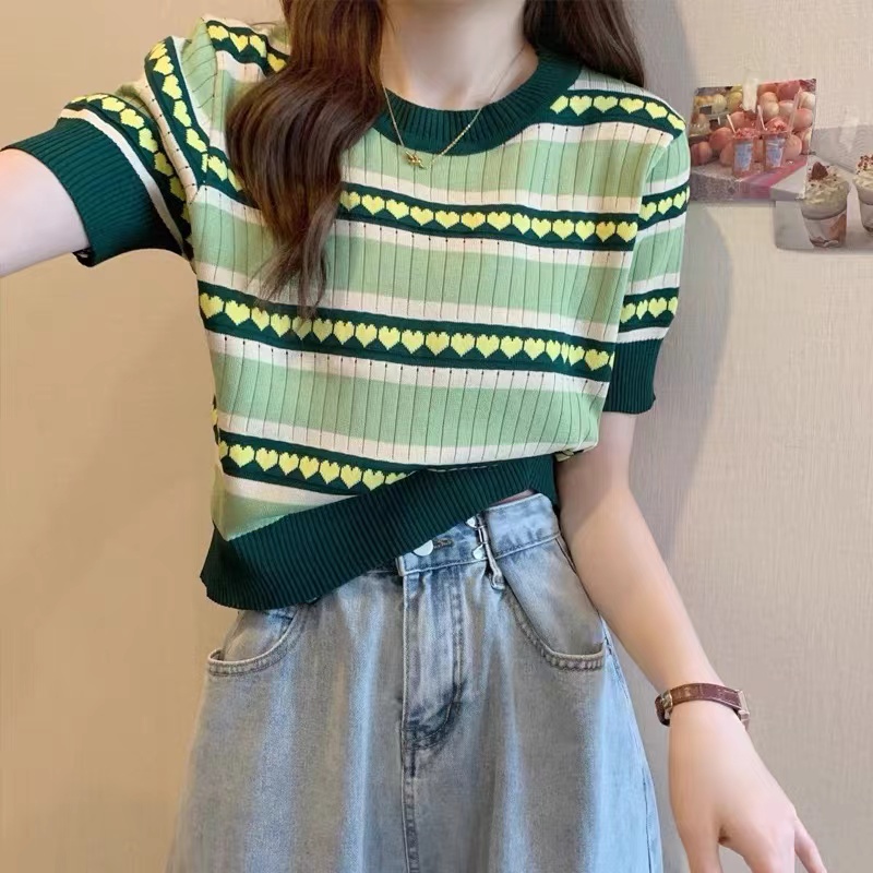 midsummer เสื้อยืดไหมพรมเกาหลี คอกลมแขนสั้น ลายหัวใจน่ารักมาก ผ้าร่อง ...