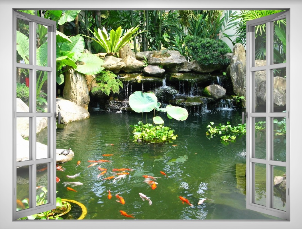 Tranh dán tường cửa sổ Cảnh đẹp hồ cá VTC VT0025 phủ kim sa