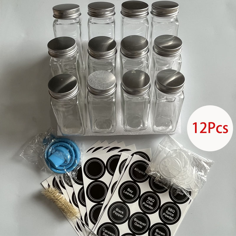 24 Pack Empty 4oz Glass Spice Bottles, 284 Seasoning Labels, Lids