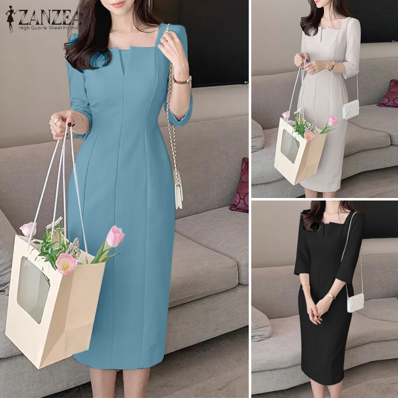 ZANZEA%20Korean%20Style%20Women's%20Dresses%20Elegant%20V-Neck%203/4%20Sleeve%20Plain%20Party%20Prom%20Midi%20Sundress%20-%20Image%207
