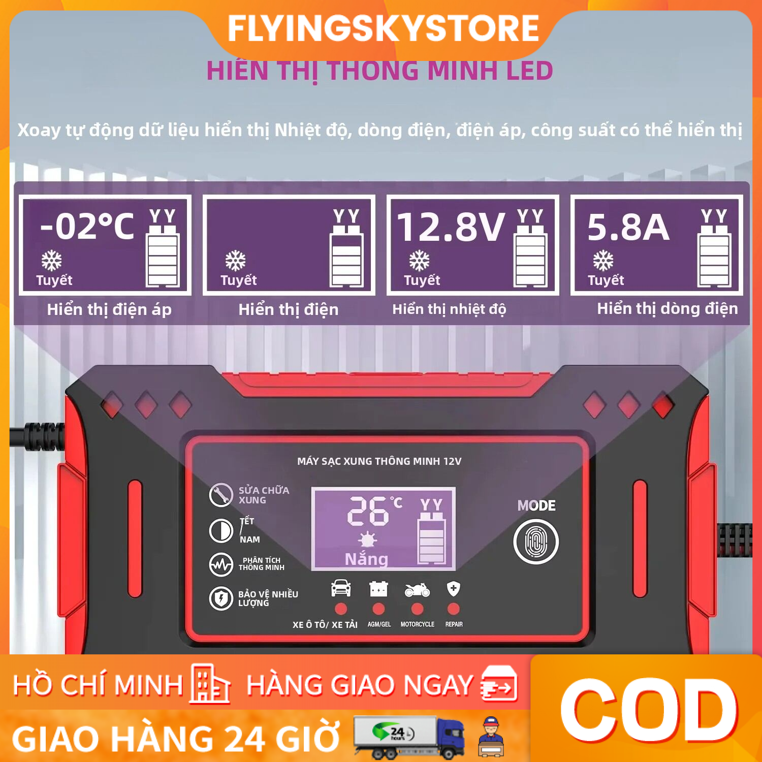Sạc Bình Ắc Quy 12V 6A INTELLIGEN CHARGER 4AH – 100AH, Tự Ngắt Khi Đầy, Phục Hồi Ắc Quy Bằng Khử Sunfat, Chống Ngược Cực