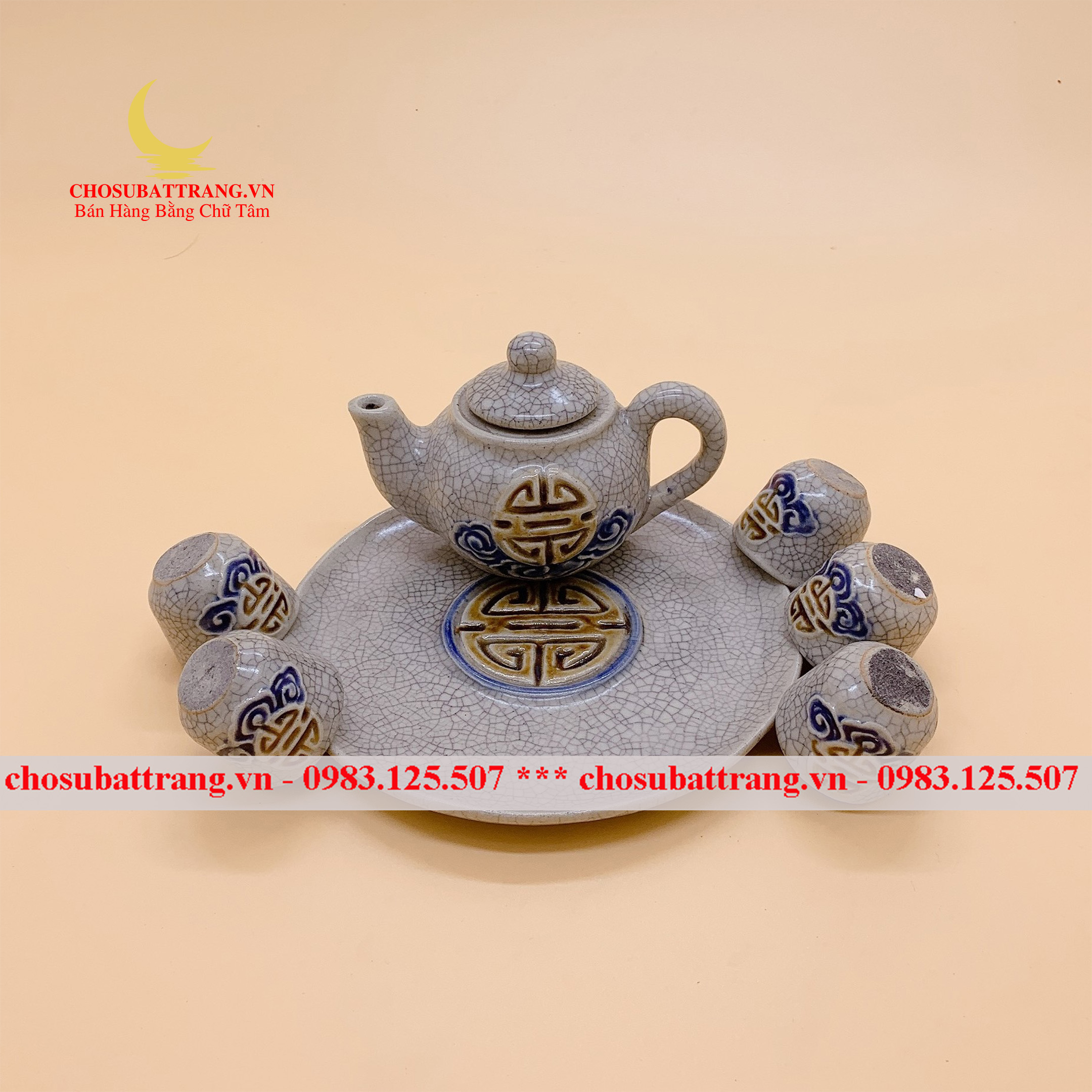 Bộ trà thờ men rạn nổi Phúc Thọ (chung nước thờ cúng)
