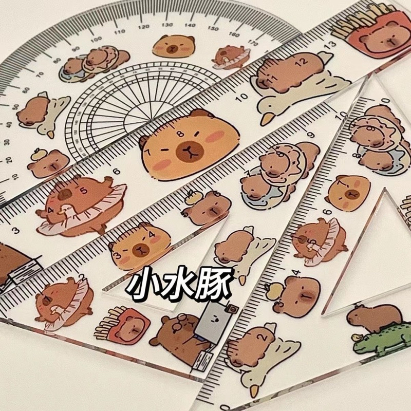 Bộ Êke, Thước Kẻ, Đo Độ, Đo Góc 4 Món CAPYBARA/LOOPY Cute